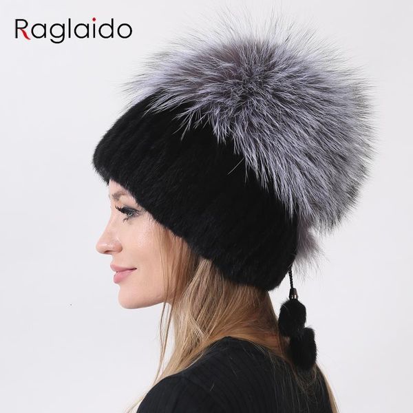 Cappelli a maglia berretto/cranio con visone e pompom Cappelli caldi inverno in pelliccia naturale per donne vere pelliccia 230814