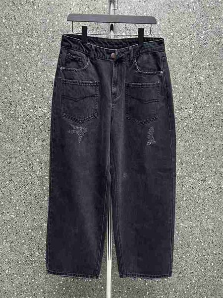 Designer de jeans feminino A versão correta da indústria pesada de Paris B pesada lavada e desgastada Jean com bolsos dianteiros para homens e mulheres calças soltas oxc0