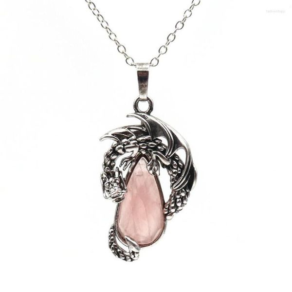 Подвесные ожерелья fyjs Уникальный серебряный серебряный драконский пленка розовая розовая кварцевая бисера