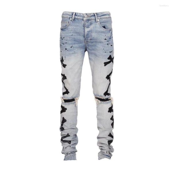 Calças masculinas 2023 Estilo europeu Moda Zipper Jeans Gothic 3D Imprimir Demin Men Men Skinny Trouser Mens Hole Ripped Pantalon