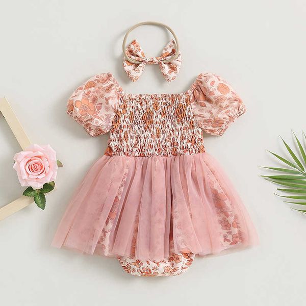 Mädchenkleider Baby Mädchen Strampler Kleid Blumendruck U-Boot-Ausschnitt Kurze Puffärmel Overalls Tüllrock Saum Bodys mit Schleife Stirnband