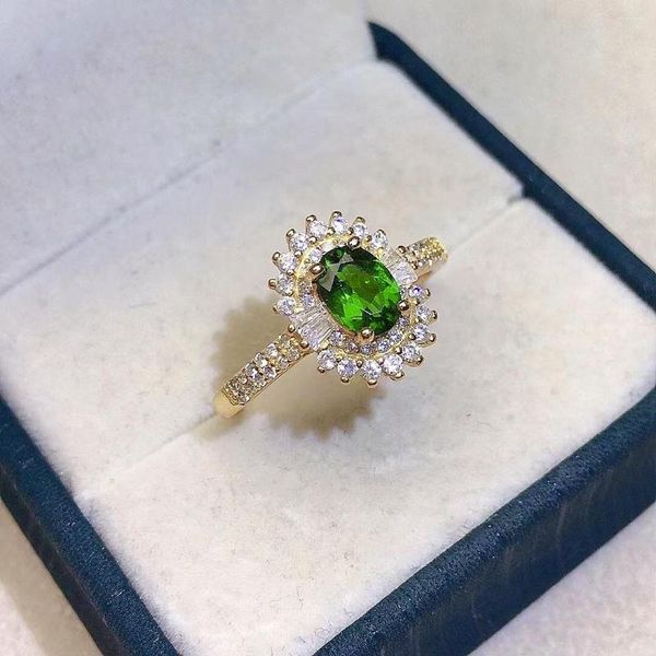 Küme Yüzükleri Düğün için Gümüş Diopside Halkası 0.7Ct 5mm 7mm Doğal Chrome 925 18k Sarı Altın Kaplama