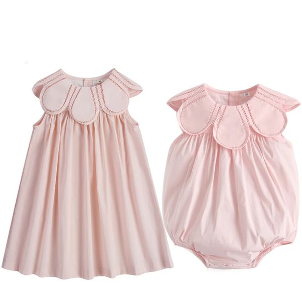 Vestidos de meninas garotas vestido de verão fofo para criança criança roupa de algodão garoto bebê macacão irmã irmã irmã, menina sem mangas rosa 230814