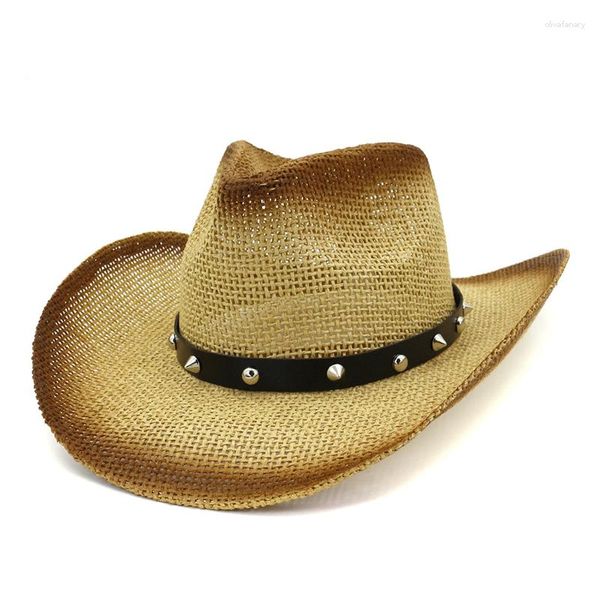 Bergen braune Sprühfarbe Cowboy Papier Strohhüten Sommer Outdoor Männer Frauen Strand Große Krempe Sun Visor Cap Sunhat Jazz Hut für Urlaub