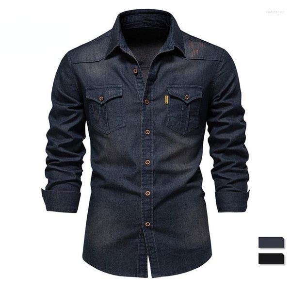 Herren lässige Hemden Denim Langschläfe Feste Farbe Single Breasted Top Elastic Pure Cotton Hochqualitätskleidung