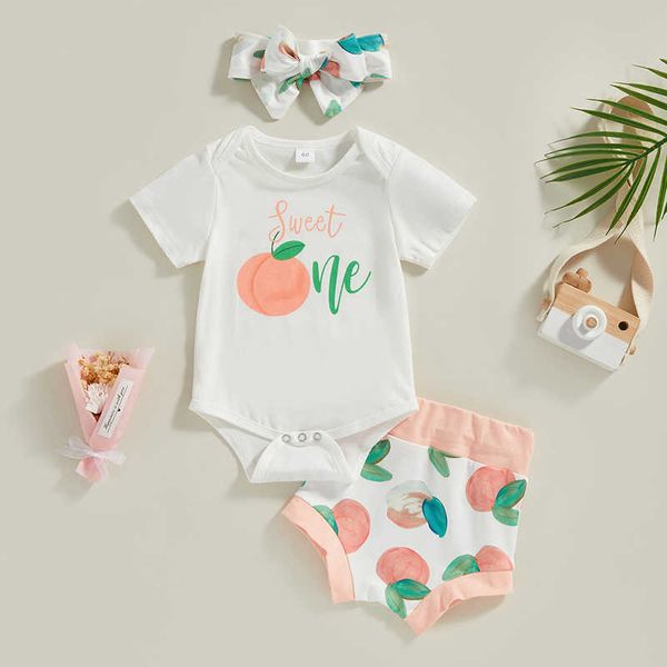 Conjuntos de roupas para bebês meninas conjuntos de roupas de verão branco manga curta macacão + shorts com estampa de pêssego + faixa de cabeça