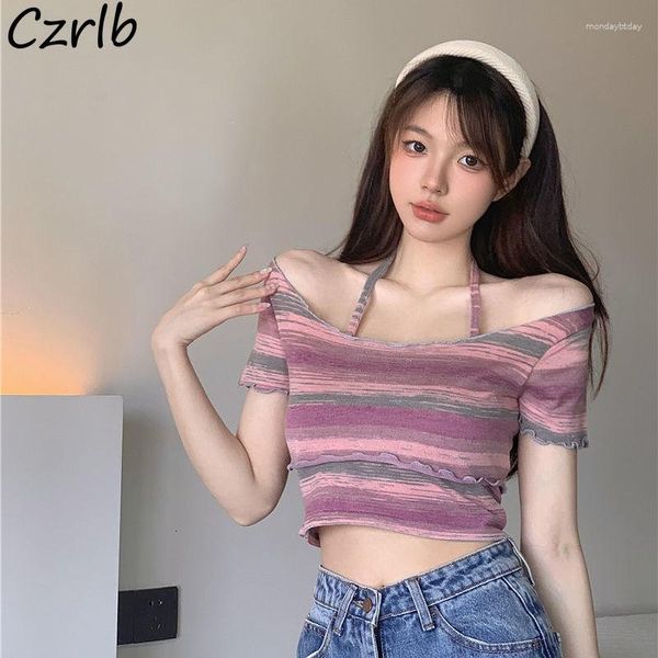 Arbeitskleider Frauen Sets Halfter Camis gestreiftes T-Shirt Crop Tops Sexy Slim Ladies Chic Hipster Fashion Streetwear Cosy Young Fit Club Ins