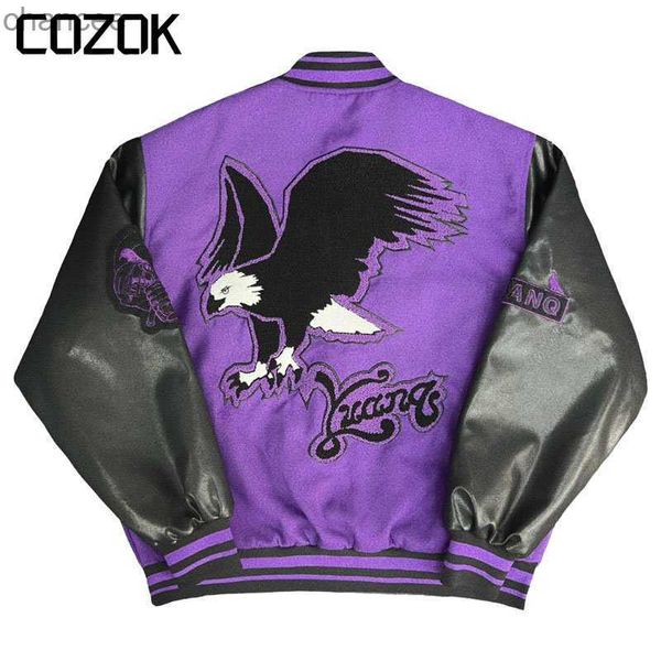 Hip Hop Baseball Jacken Männer Eagle Buchstabe Stickerei Patchwork Lose Herbst Varsity Jacke Purple High Street Originalmäntel HKD230815