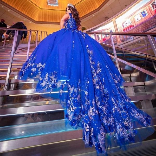 Mavi parlak quinceanera elbise balo elbisesi 3dfloral aplikler dantel kollu omuz el yapımı çiçekler tatlı 15 vestidos de xv anos