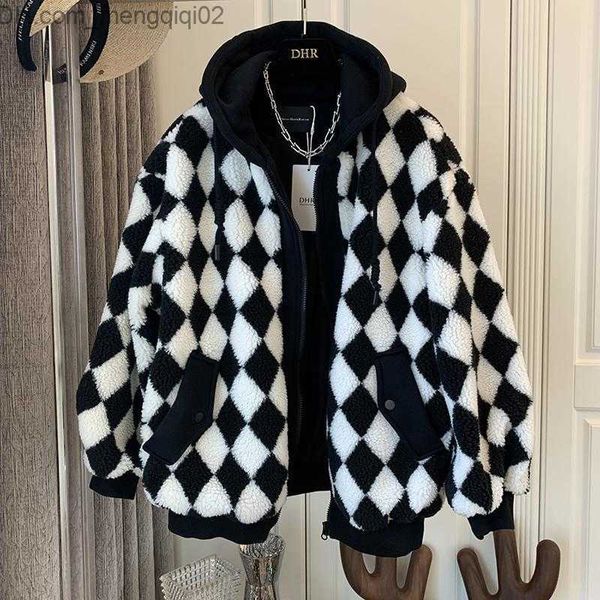 Herrenjacken Winter Warm Retro Plaid Cashmere Coat Frauen Personalisierte Straße Casual Kapuze Lose Fake Fake Women's Jacket Z230816