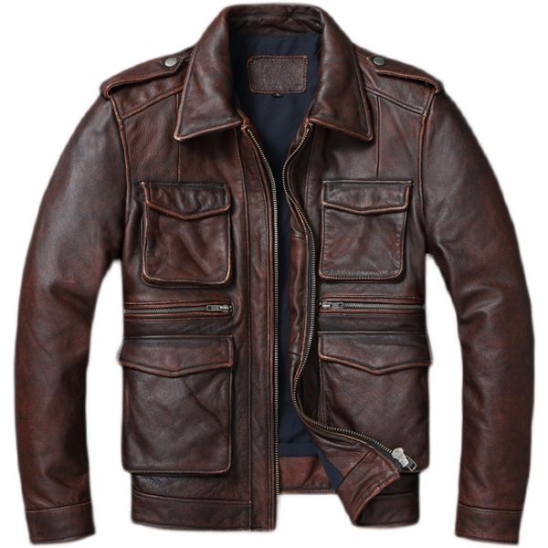 Erkek Ceketler Vintage Kırmızı Kahverengi Orijinal Deri Ceket Erkek Yumuşak Gerçek Cowhide Black Winter Coat Biker Jaqueta Masculina De Couro 230814