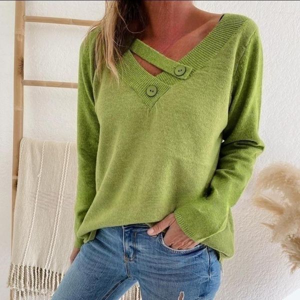 Frauenpullover ol Style Frauen sexy v Halsknopf Dekor Stricke Jumper Vollhülle lässige lockere Pullover Top warmes weiches Trikot