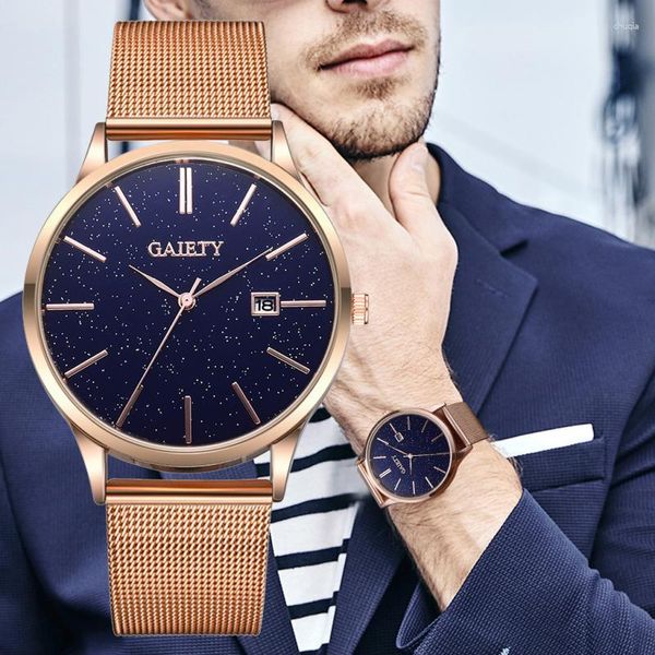 Нарученные часы 2023 Минималистские мужчины модные золотые ультра тонкие часы Простые деловые сетки из нержавеющей стали Quartz Watch Relogio Masculino