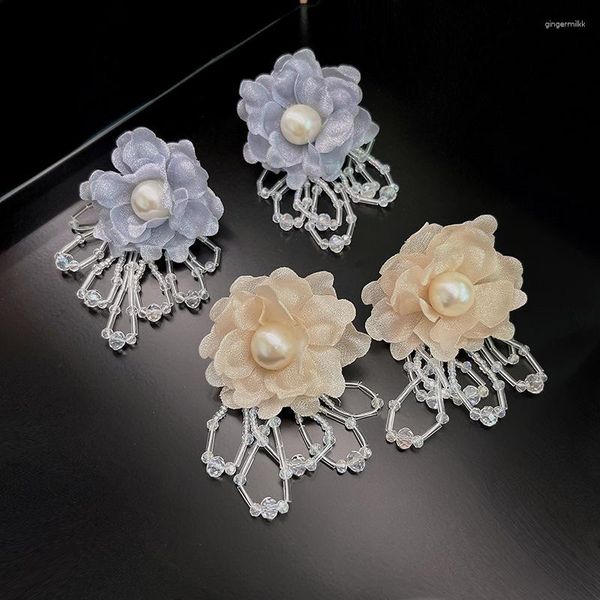 Dangle Ohrringe u-Magical übertriebene weiße Organza Blumenkristallohren für Frauen Feenimitation Perle Langer Quastenschmuck