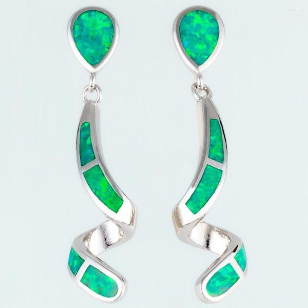 Brincos de balanço Kongmoon Long Twisted Kiwi Green Fire Opal Silver Plated Jewelry for Women Piercing Drop