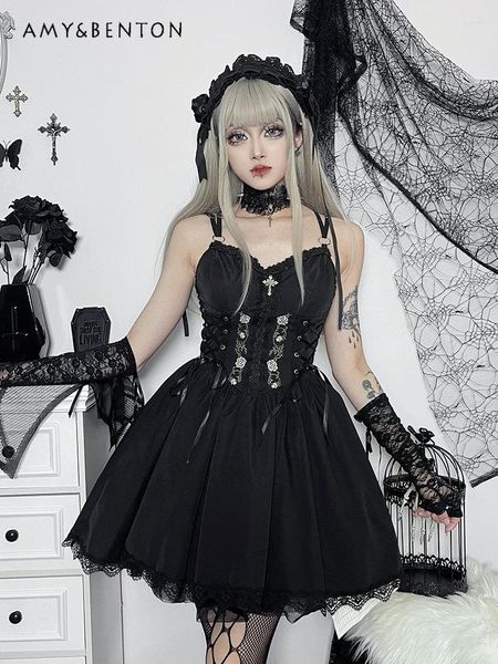 Günlük elbiseler gotik tarzı karanlık lolita kadınlar için 2023 yaz siyah kamisül tatlı tatlı seksi dantel kayış prenses