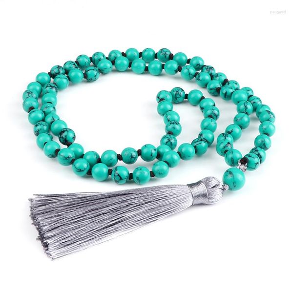 Anhänger Halskette Original Mala japamala Halskette 8mm Naturstein Frauen Männer Yoga Meditation Gebet Perlen geknotete graue Quastenschmuck geknotet