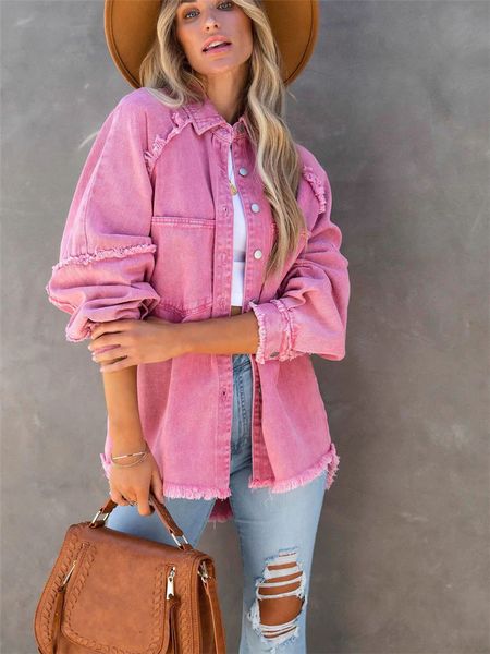Damenjacken Mädchen süße rosa losen Hemdjacke Frau lässiger weicher Knopf Denim Hemden Ladies Chic Solid Pocket Jackets 230815
