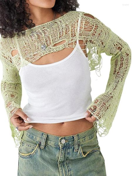 Damen T -Shirts Frauen shofles out stricken geschnittene Oberteile Langarm Häkelkrochet Smock Top Mesh sehen durch Deck -Grunge -Pullover