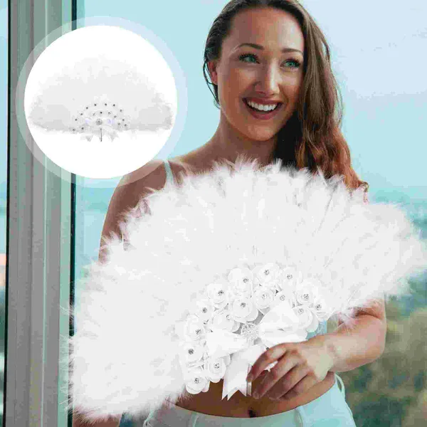 Estatuetas decorativas fãs fãs dobráveis ​​fãs dança dança vintage festas de dança de casamento fantasia chá handheld Bridal White Marabou decoração