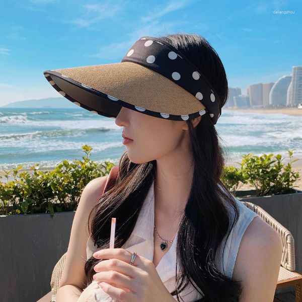 Boinas 2023 Chapéu coreano Moda feminina All-Match Polka Dot Sun Protection Visor Outdoor Big Brimmed Straw Summer