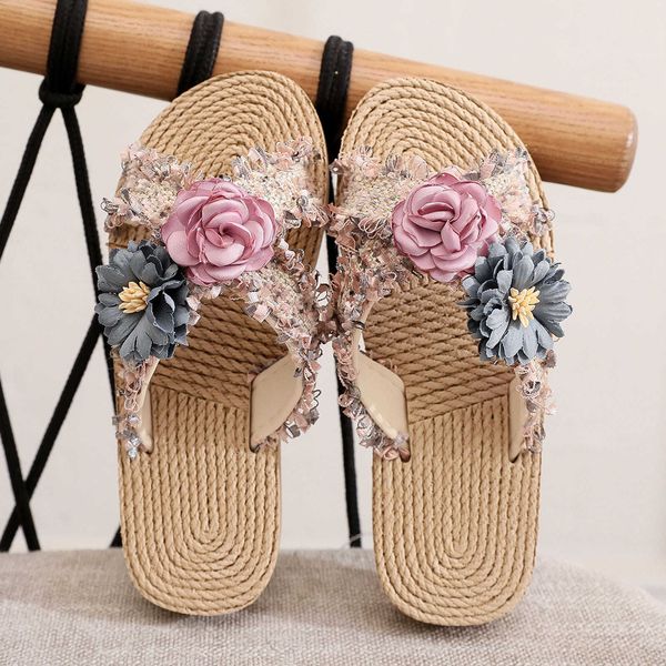 Chinelo moda meninas verão casual slides crianças confortáveis chinelos de linho estilo praia flor sandálias de dedo do pé aberto criança sapatos internos