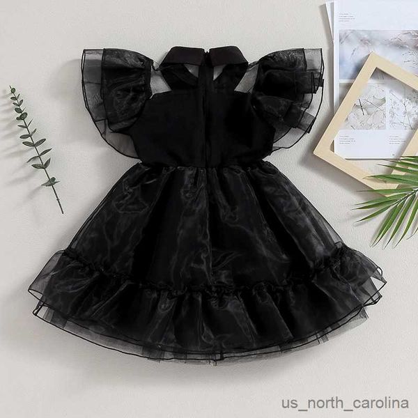 Kız Elbiseleri Çocuklar Kızlar Kostüm Moda Basit Siyah Uçan Kol Dönüş Mesh Prenses Elbise Günlük Çocuk Giysileri R230815