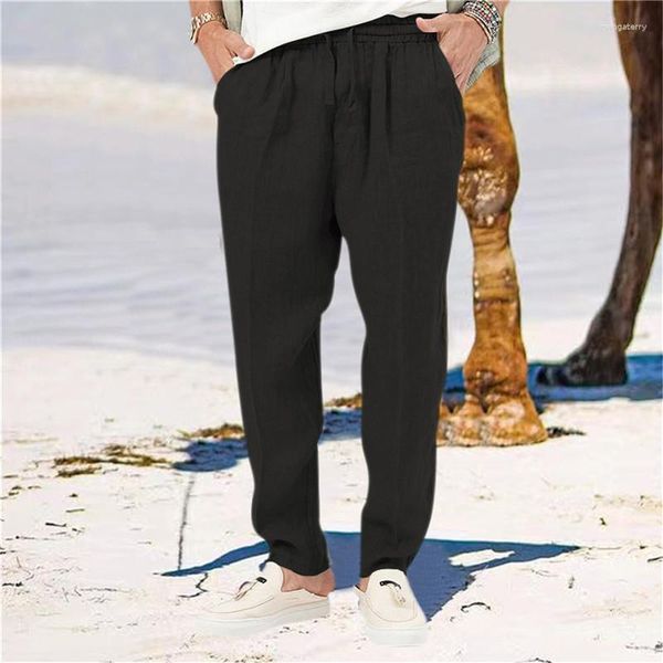 Calça masculina dihope algodão de verão e calças de linho Moda a cintura elástica sólida Capri de perna direta casual