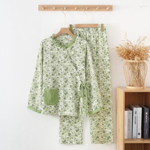 Frauen Nachtwäsche Langarm Baumwollgarn Kimono Pyjamas V-Ausschnitt Grüne Blumen Druck Spitze Hals Japanische Loungewear Frauen 2 Stück