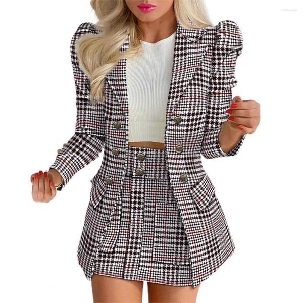 Vestido de duas peças 2pcs/set feminina roupa blazer ternos de casaco conjunto de saia de flores verifique a cor de impressão de cor de estilo de estilo de estilo formal