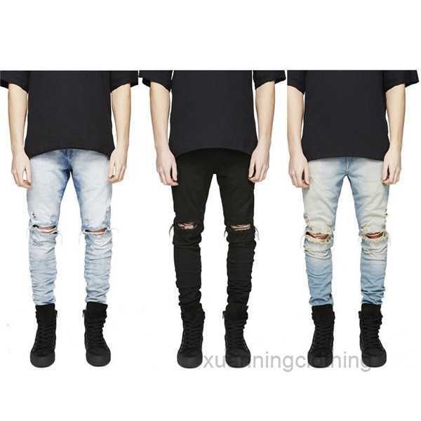 Em estoque Slim Fit Ripped Jeans Men Hi-Street Mens Denim Jogadores buracos de joelho lavados destruídos plus size i4uk