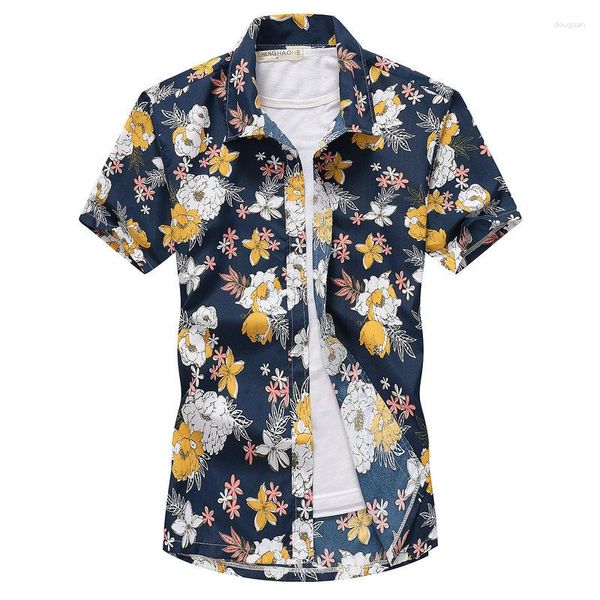 Мужские повседневные рубашки с коротким рукавом гавайской рубашка быстро сухую плюс азиатский цветочный пляж Летний топ