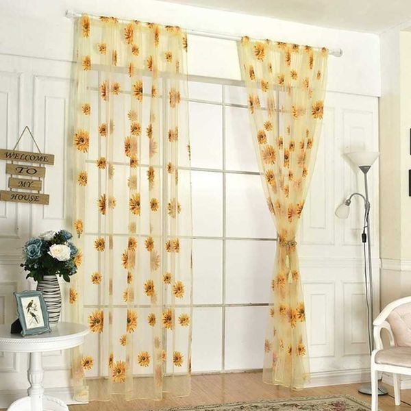Cortina 2 peças painéis de janela de girassol cortinas transparentes voile tule sala de casa 100 * 200 cm