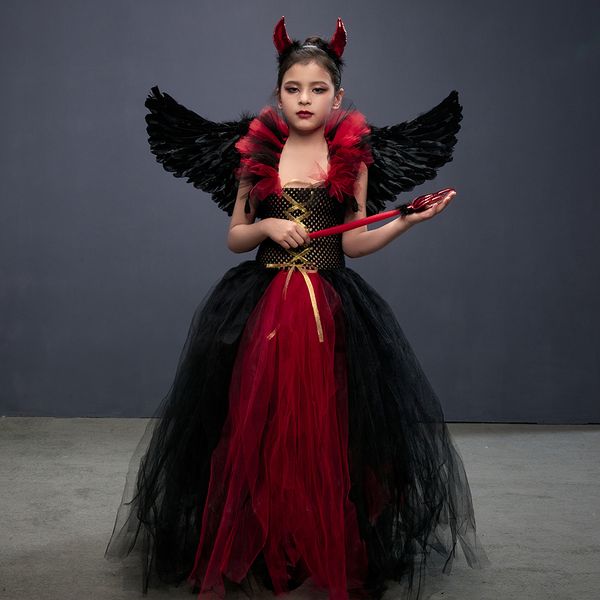 Girl S Dresses bambino costume reale set per ragazze che abbigliamento di abbigliamento per feste di Halloween Kids Gothic Devil Queen Gown Tutu con Wing 230814