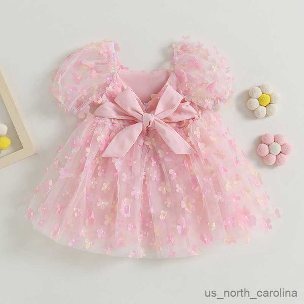 Mädchenkleider Mädchen Geburtstag Prinzessin Kleid süßes Blumendekor kurze Puffärmel Kinder Kleidung Kinder Festzug Party Sommerkleider R230815