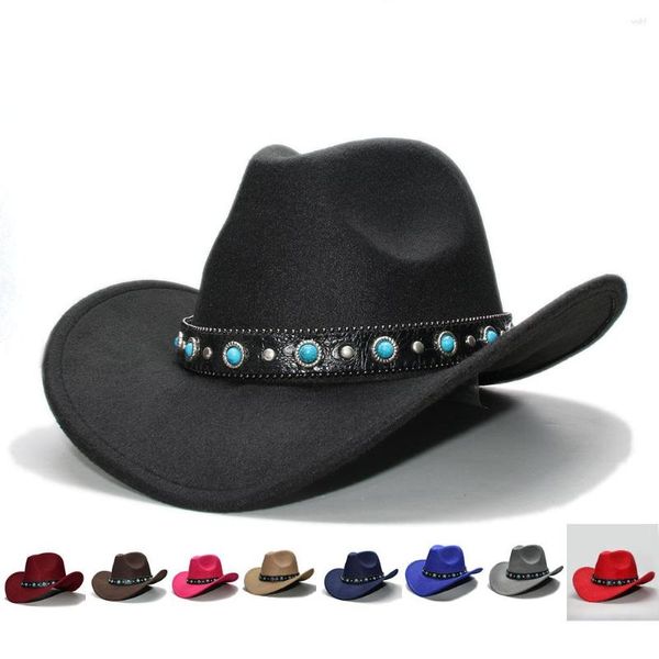 Chapéus largos e retro homens de lã Cowboy Western Cowgirl Bowler Hat Fedora Cap Band Banda de Couro Vintage 57cm/Ajusta