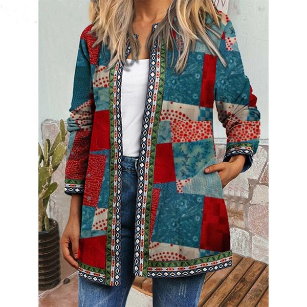 Wünschen Sie Herbst und Winter Frauen Retro National Style Drucken Lose Longleved Cardigan Coat Frauen