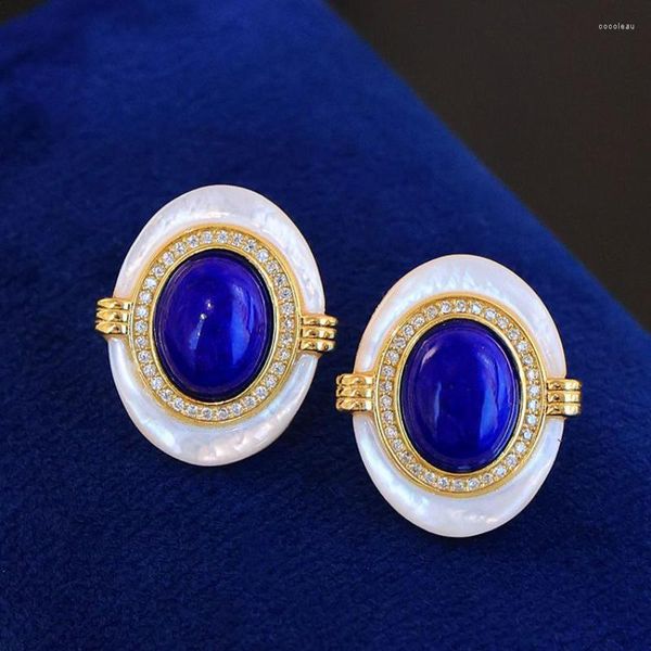 Orecchini per borchie vintage di alto livello Lapis Lazuli Fritillaria Oregini originali ovali blu scuro per donne regalo di gioielli