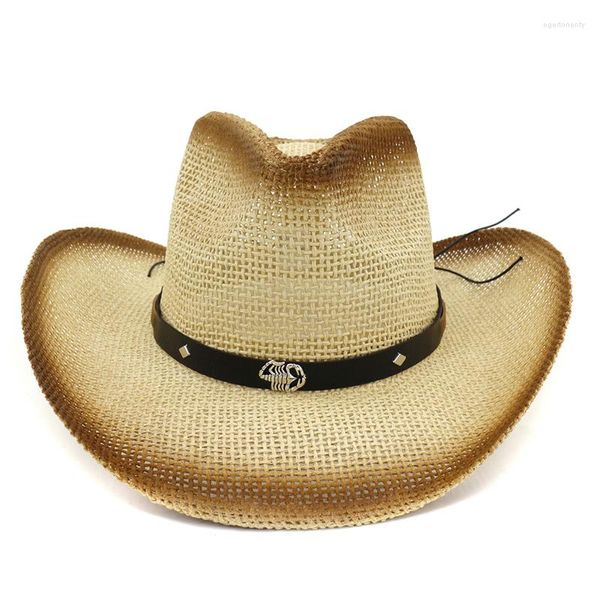 Bergen braune Farbe Sprühpapier Stroh Cowboy Hüte Gürtel Metall Skorpion Dekorieren Sie Jazz Panama Sonnenvisor