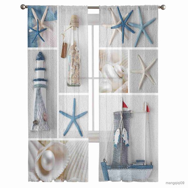 Vorhang mediterraner Leuchtturmstartfische schiere Vorhänge für Wohnzimmer Küche Tüll für Fenster Voile Garnvorhänge für Schlafzimmer R230815