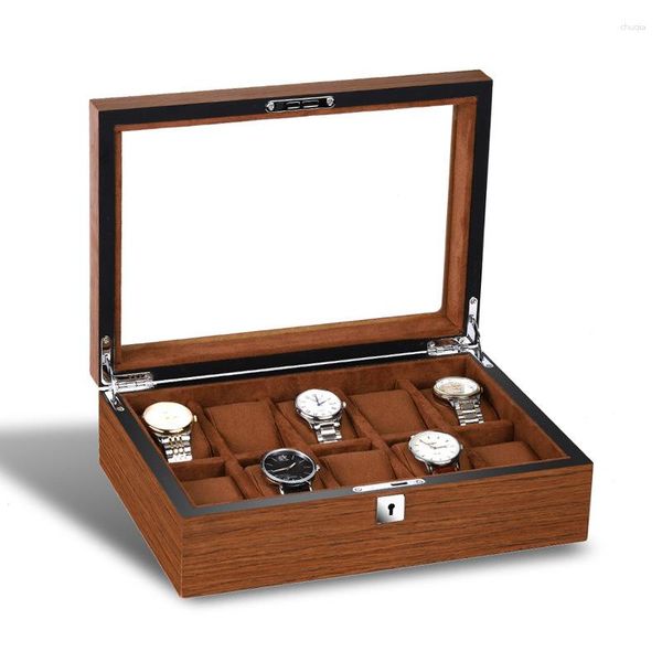 Scatole di orologio in legno di archiviazione con organizzatore di serrature per uomini Visualizzazione della raccolta di orologi da polso meccanico trasparente