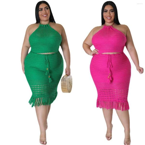 Abiti da lavoro Plus size Donne a maglia casual due pezzi Set di cavi al collo in pizzo posteriore crociera senza maniche nappe con gonna in spiaggia vacanze in spiaggia