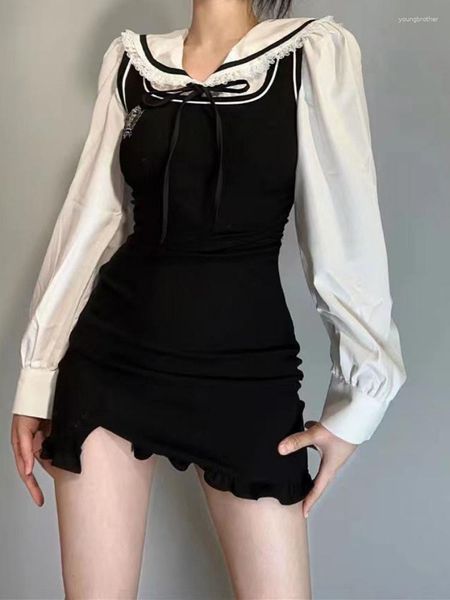 Повседневные платья Qweek Школа ученик Kawaii Black Mini Dress Женский корейский стиль хараджуку Kpop Короткий костюм с двумя частями 2023