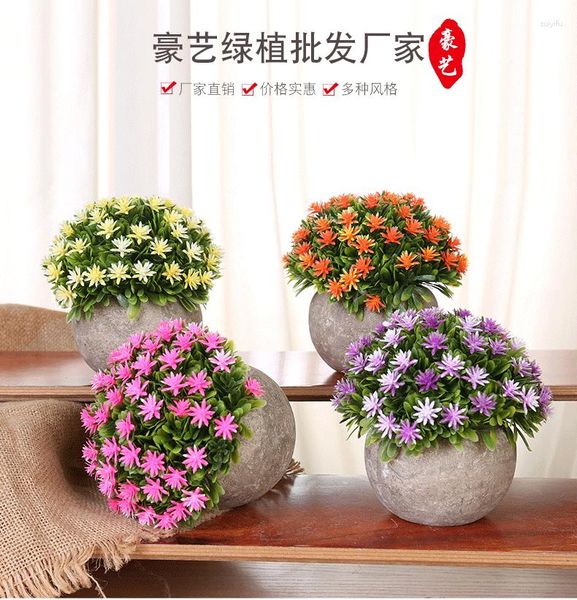 Flores decorativas Planta artificial com cimento Pot Wot Plastic Desktop Decor Craftwork for Home Office Shops