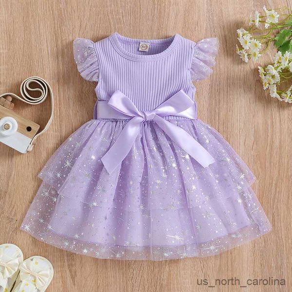 Mädchenkleider Kinder Mädchen Kleider Pailletten Stars Sterne Crew Necke Fliegenhülle Rib Strick Prinzessin Kleid Sommer Casual Kleid mit Bogengürtel R230815