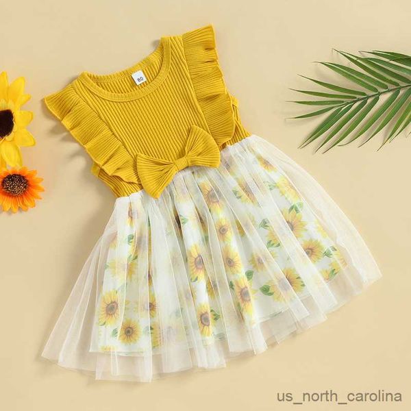 Mädchenkleider Kinder Girls Kleid Rippen Sonnenblumenabdruck Tüll Spleißen Crew Hals Rüschen ärmellose Kleid Sommerprinzessin Kleid R230815