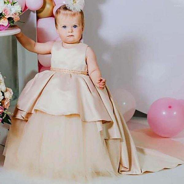 Mädchenkleider Kinder formelle Tragen biegen Perlen Mädchen Festzug Satin Tüll eine Linie Blume Geburtstag Weihnachten Hochzeitsfeier Events Kleid Kleid