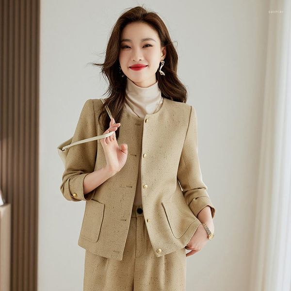 Damen zweisteuelhafte Hosen Herbst Pant Anzüge Frauen koreanische Modependler Luxus runder Nacken Einer Brenne Blazer Jacke Straight 2pcs