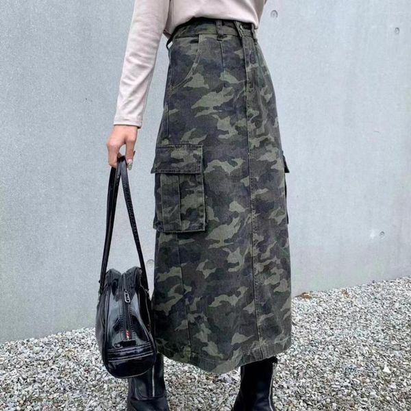 Gonne abbottonate di stampa mimetica vintage abbigliamento da streetwear ad alta fessura da donna lunghi abiti da donna lunghi abiti model sexy midi