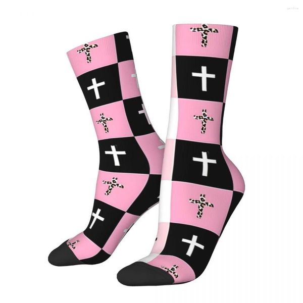 Herrensocken farbenfrohe rosa schwarz weiße Leopard Christian Cross Muster Retro Kreuzigung Harajuku Crew Socken Geschenk